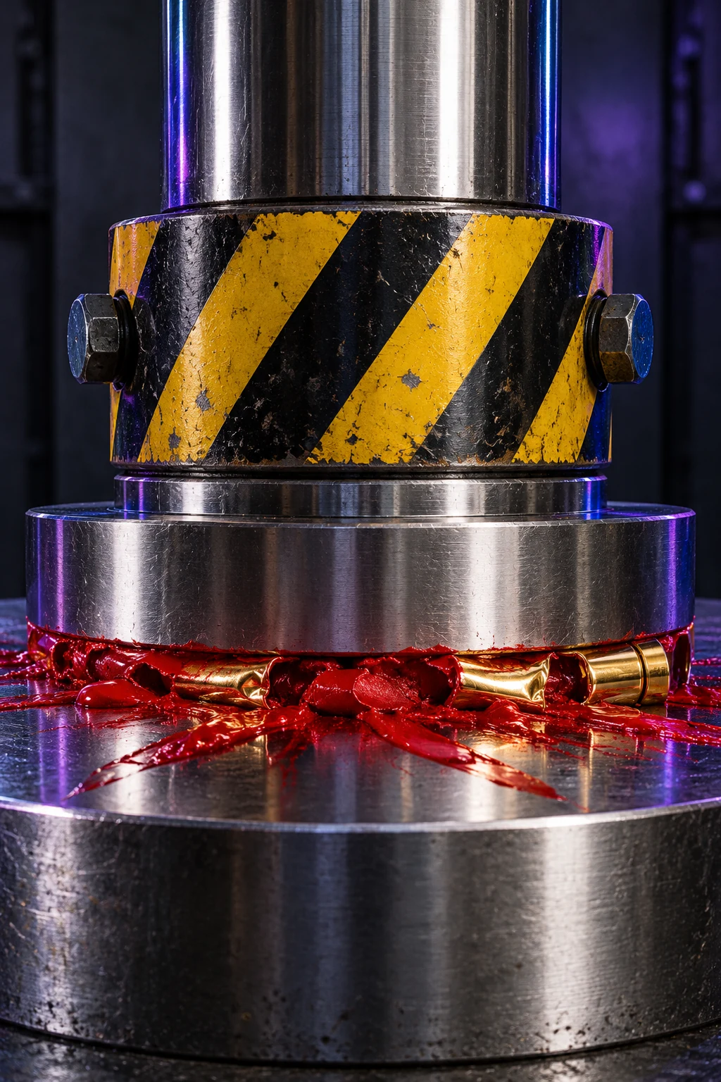 Red lipstick flattened under a hydraulic press