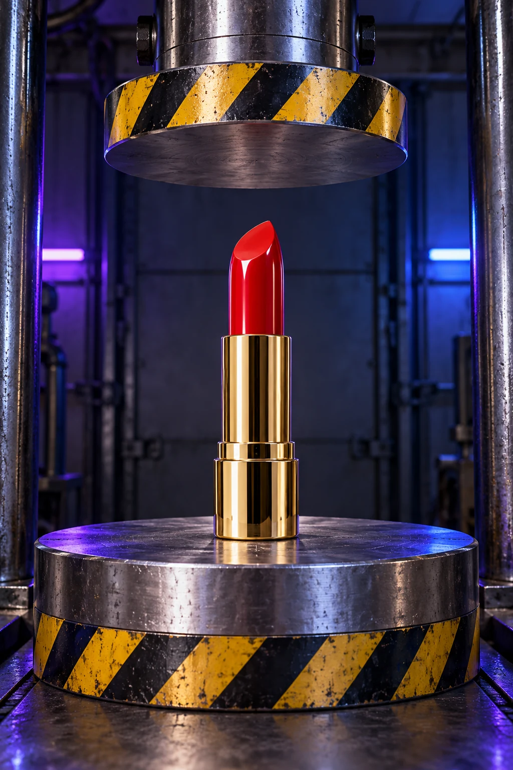 Oversized red lipstick placed on a hydraulic press platform